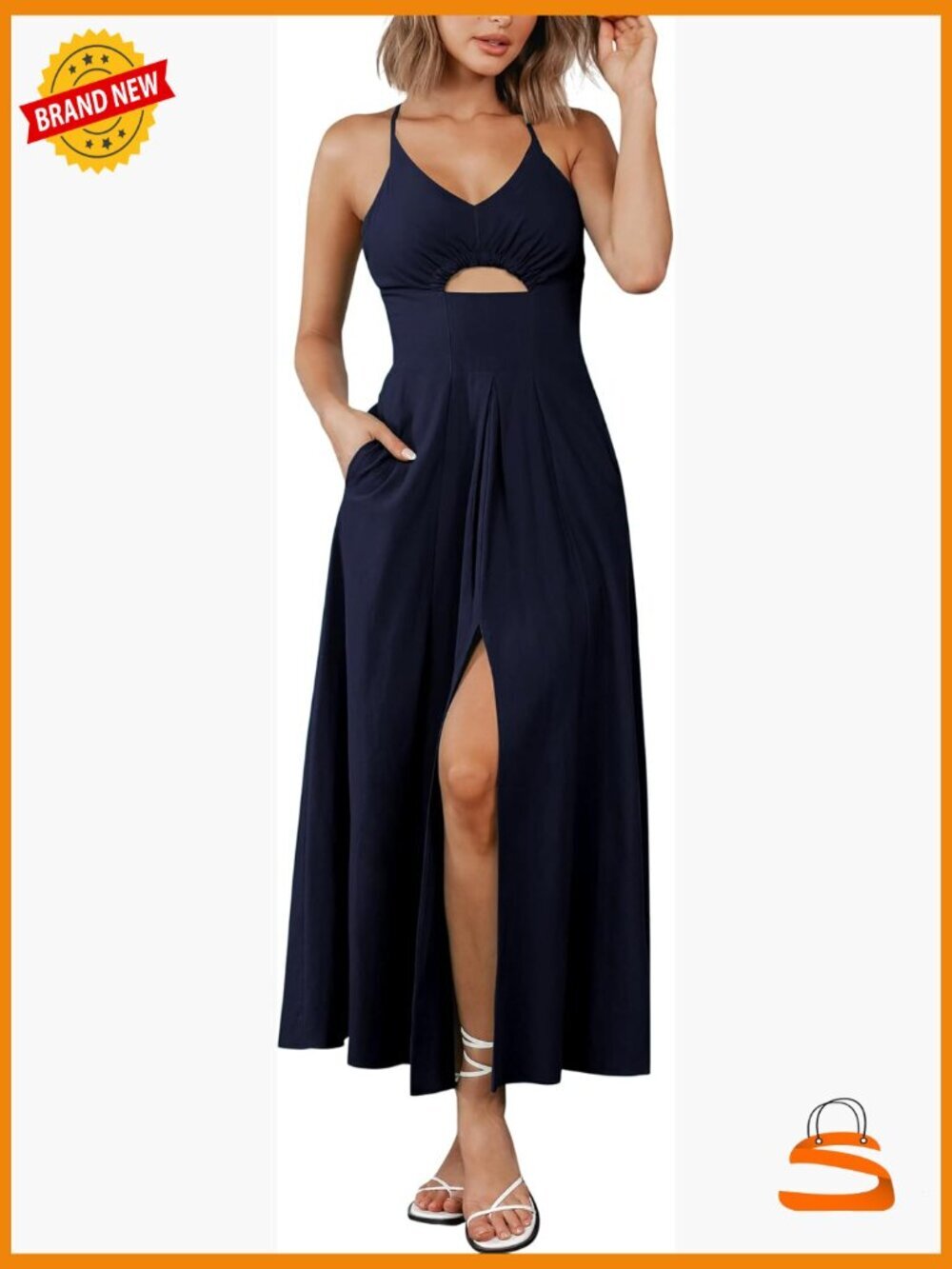 Women Sleeveless V Neck Cutout Midi Maxi Dress with Pockets